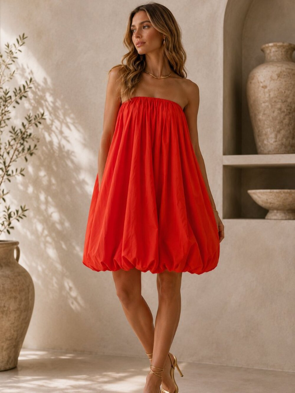 Ulla Johnson Polline Poplin Strapless Bubble Hem Mini Dress Red Orange